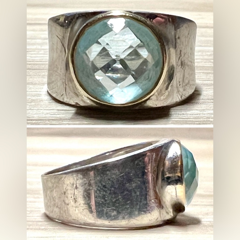 Vintage Designer Signed ATR Sterling Silver & 14K Gold Blue Topaz Ring, Size 6.5